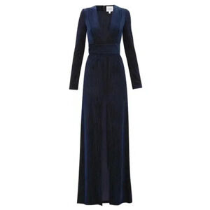 Galvan London Devoré Stardust Velvet and Sheer Striped Deep V Neck Gown SZ 2